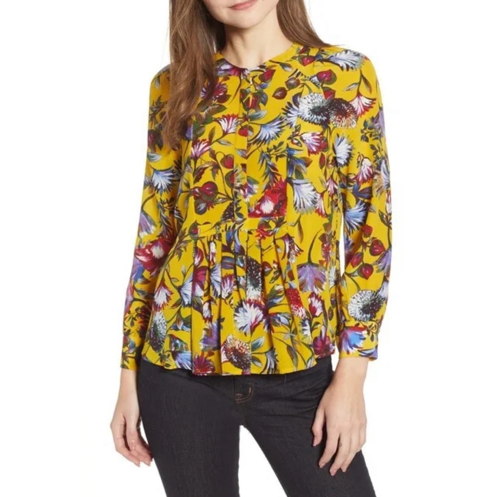 J Crew K1822 Autumn Color Silk Pleated Popover Top in Gold Floral Print Small S